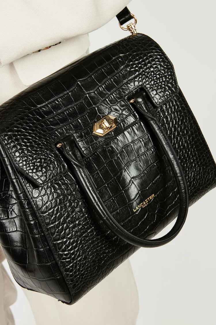 Sac Porte-Main Cuir Exotic Croco Noir L – Lancaster Paris