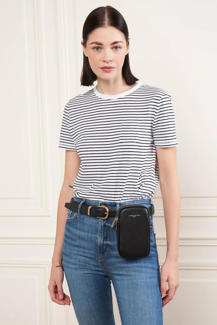 Pochette Smartphone – Cuir Dune Grainé Noir – Lancaster Paris