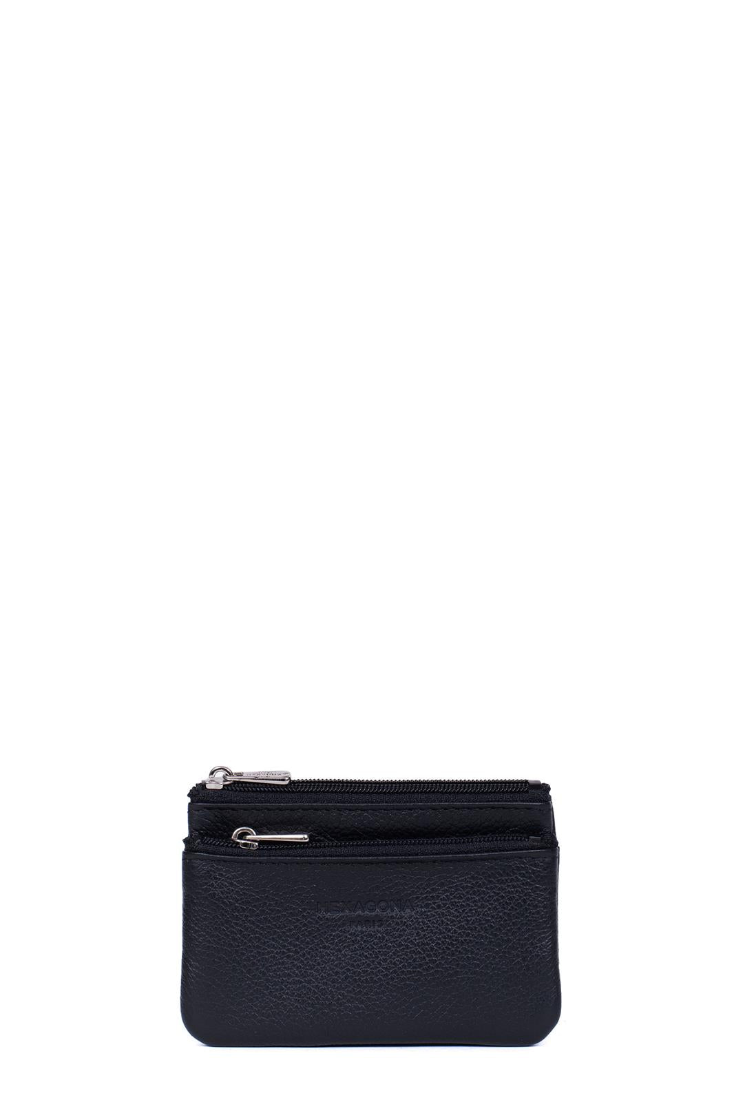 Porte-Monnaie Hexagona Cuir de Vachette Grainé Noir
