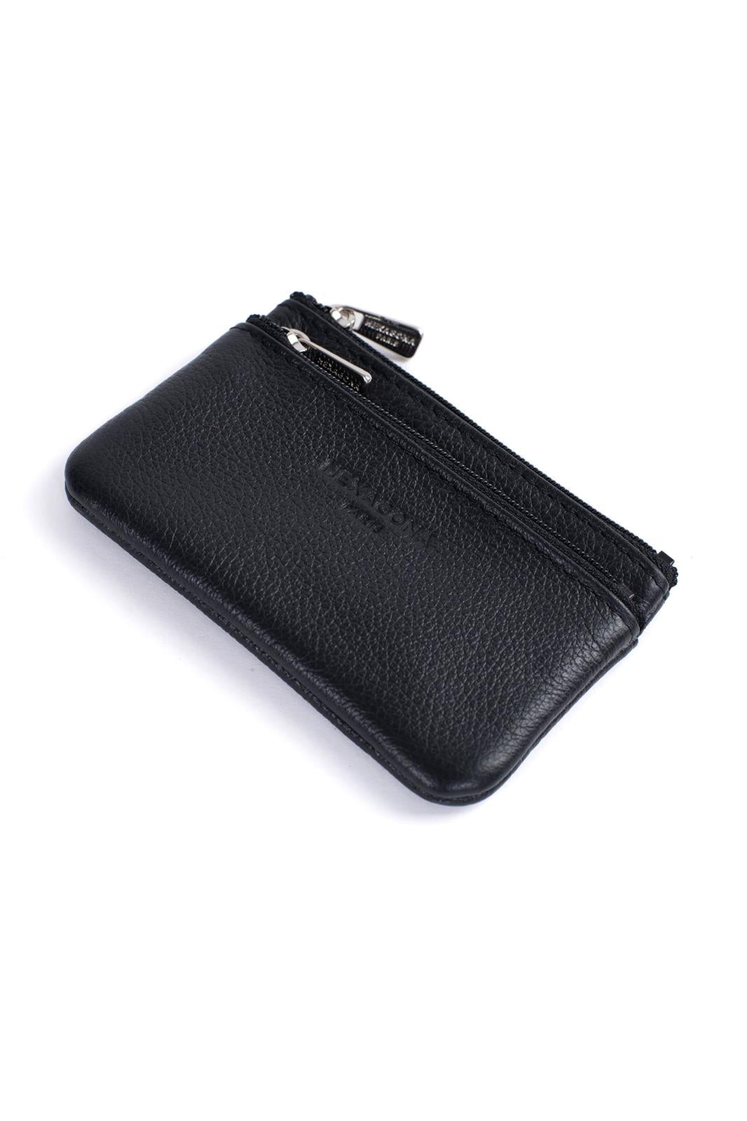 Porte-Monnaie Hexagona Cuir de Vachette Grainé Noir