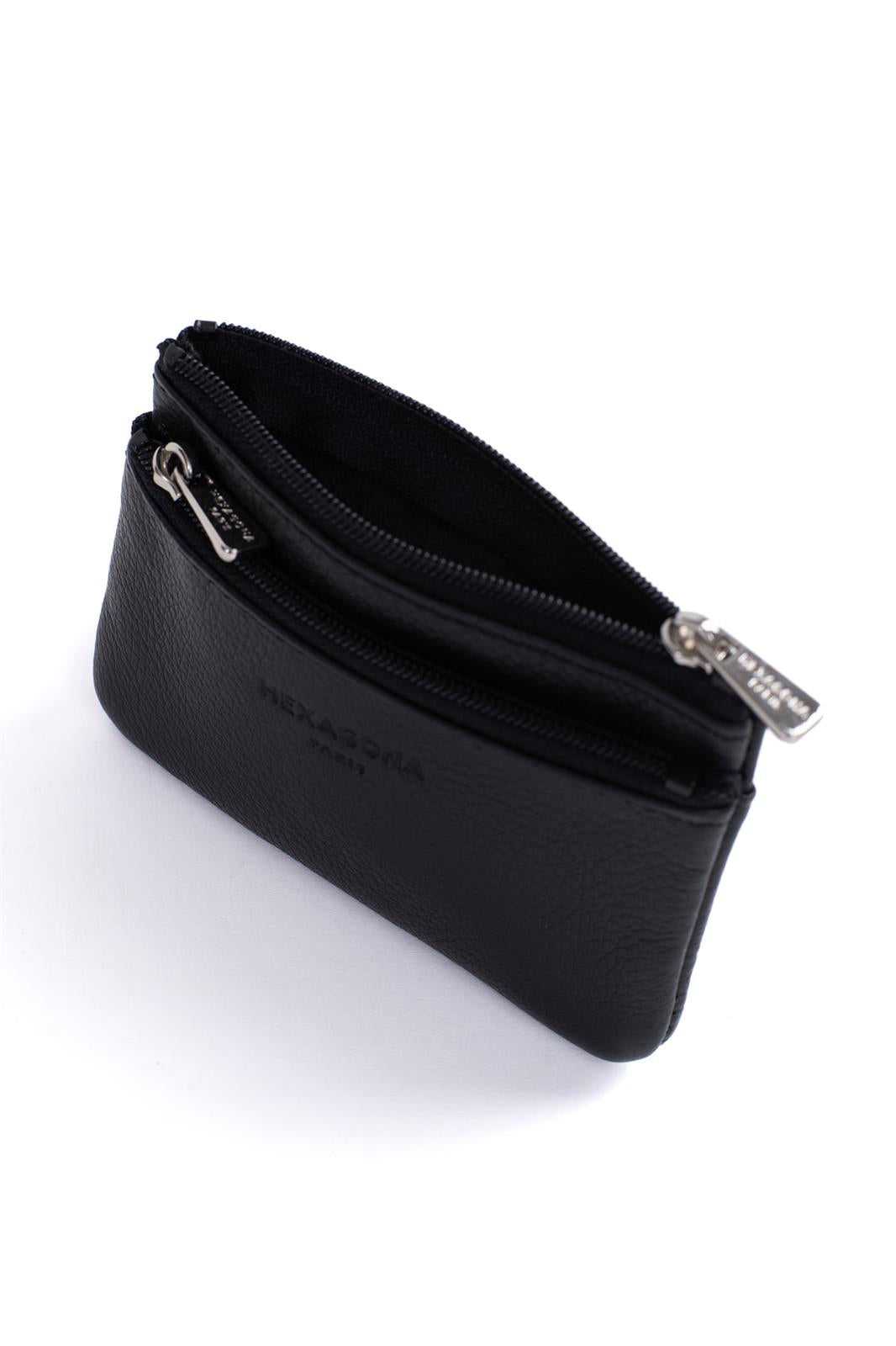 Porte-Monnaie Hexagona Cuir de Vachette Grainé Noir