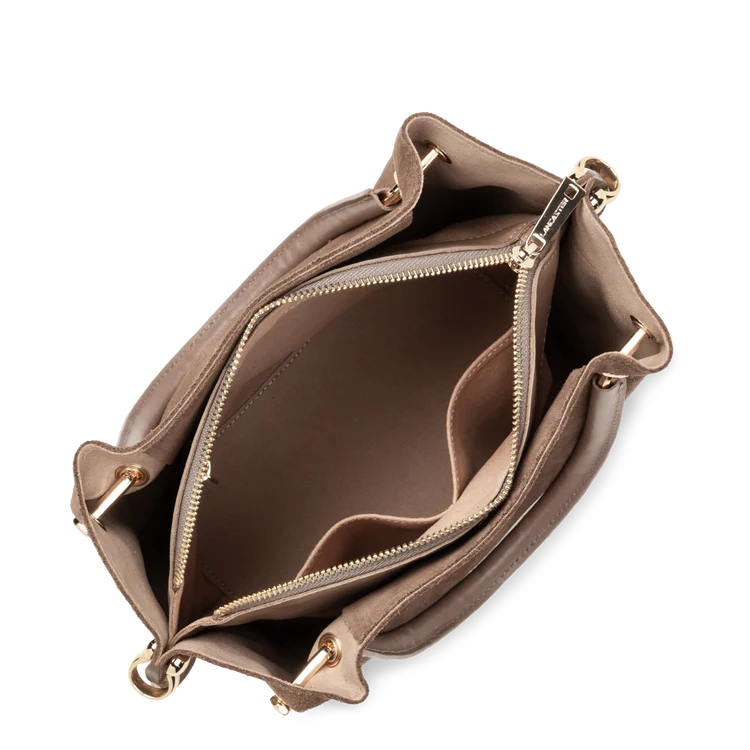 Sac Porte-Mains Zippé Cuir Effet Velours Taupe M – Lancaster Paris
