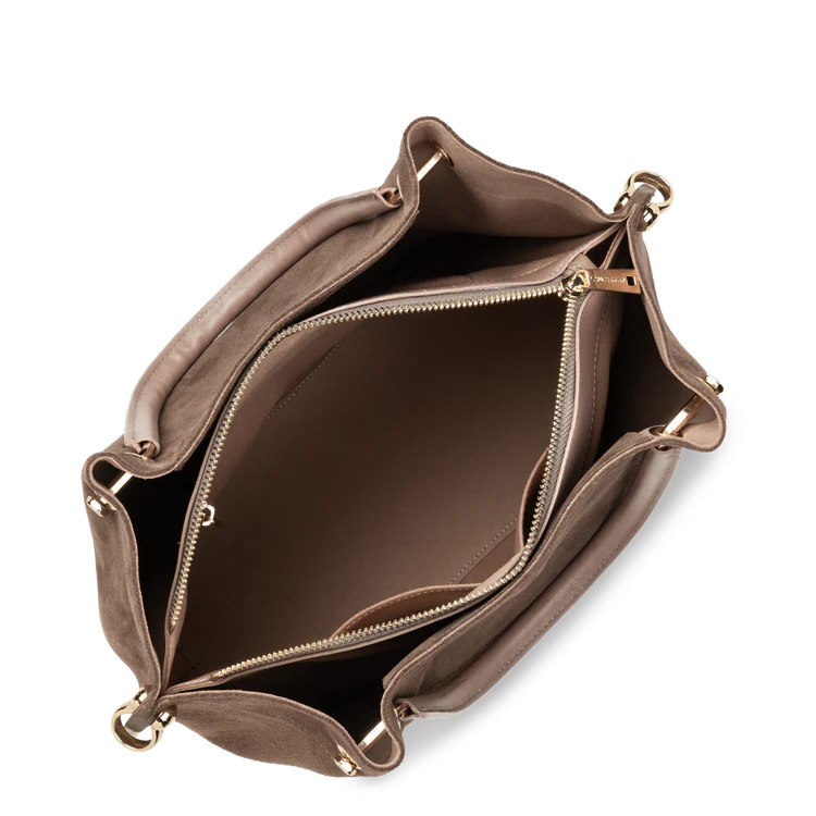 Sac Porte-Mains Zippé Cuir Effet Velours Taupe L – Lancaster Paris