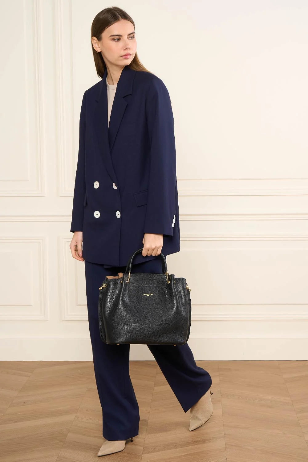 Sac à Main Foulonne Double Noir Intérieur Nude – Lancaster Paris