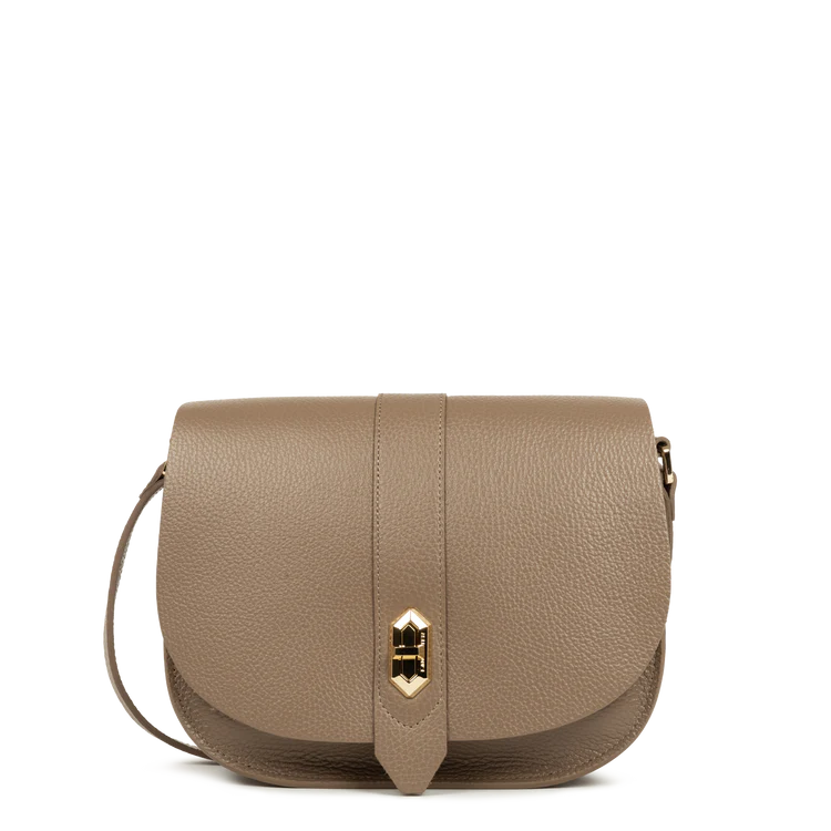 Sac Besace à Rabat Cuir Grainé Taupe Intérieur Or – Lancaster Paris