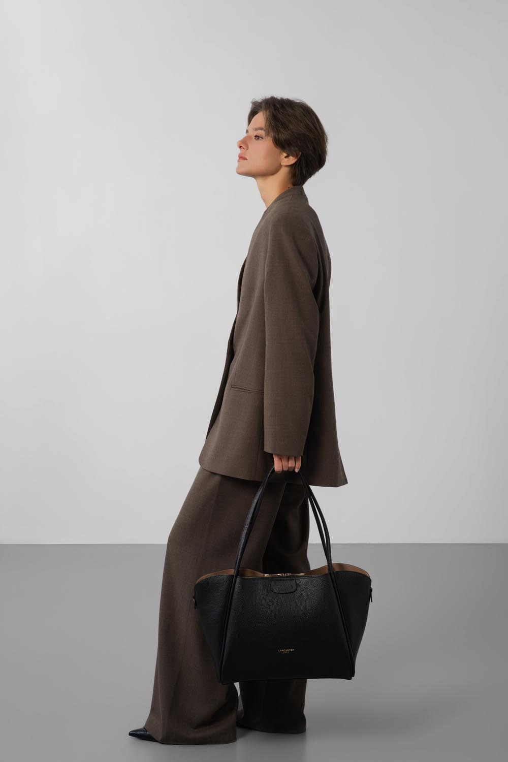 Sac Cabas Épaule Foulonne Double XL Noir Intérieur Nude – Lancaster Paris