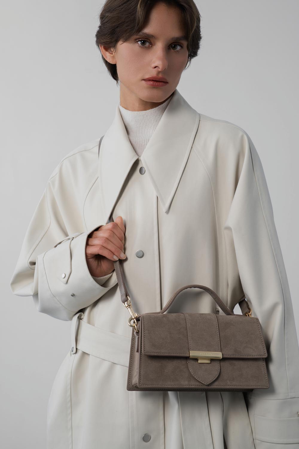 Sac Porte-Main – Suédé ILY Effet Velours Galet – Lancaster Paris